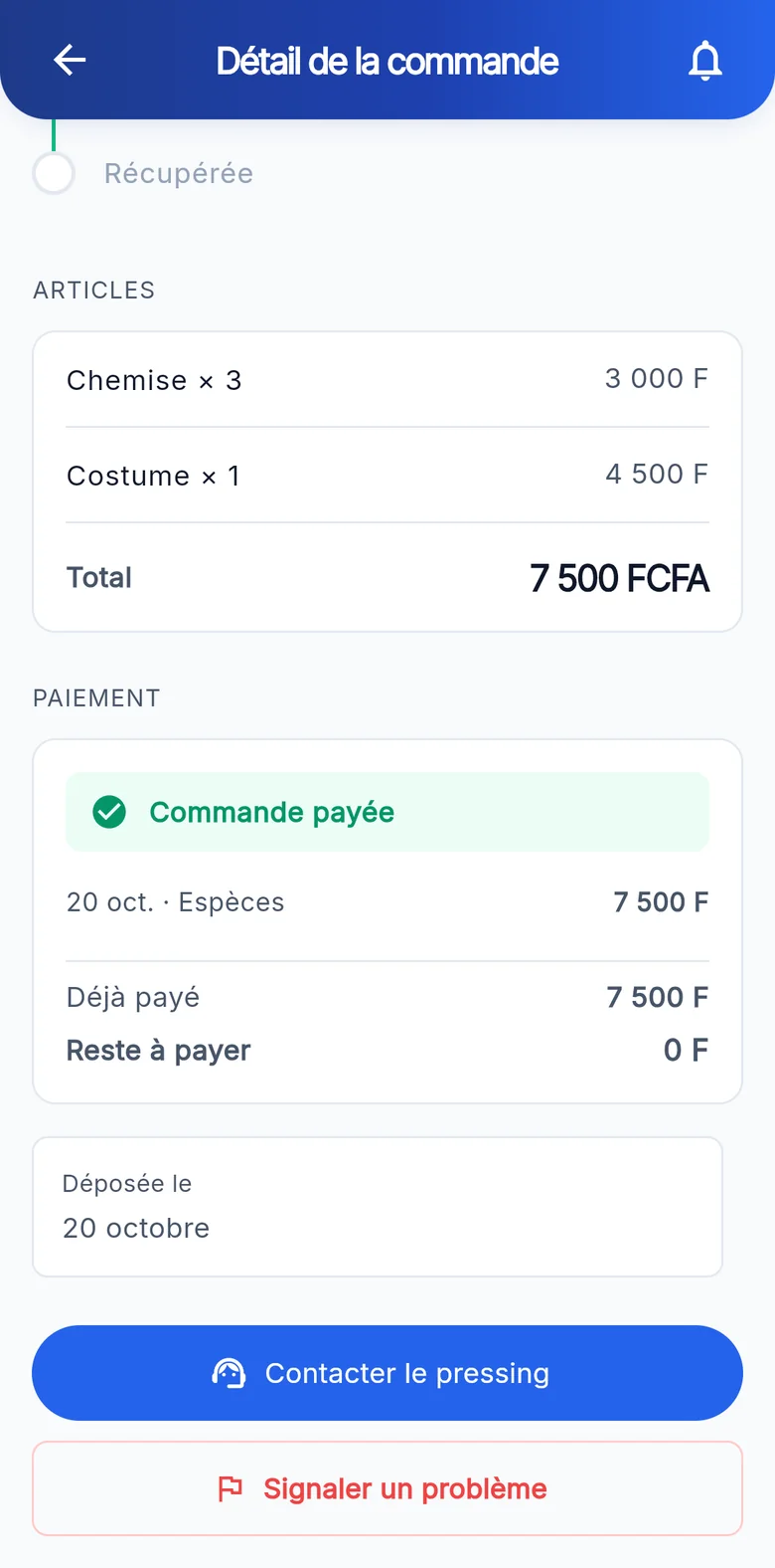Paiement de la commande et bouton « Contacter le pressing » dans l'application PressLink