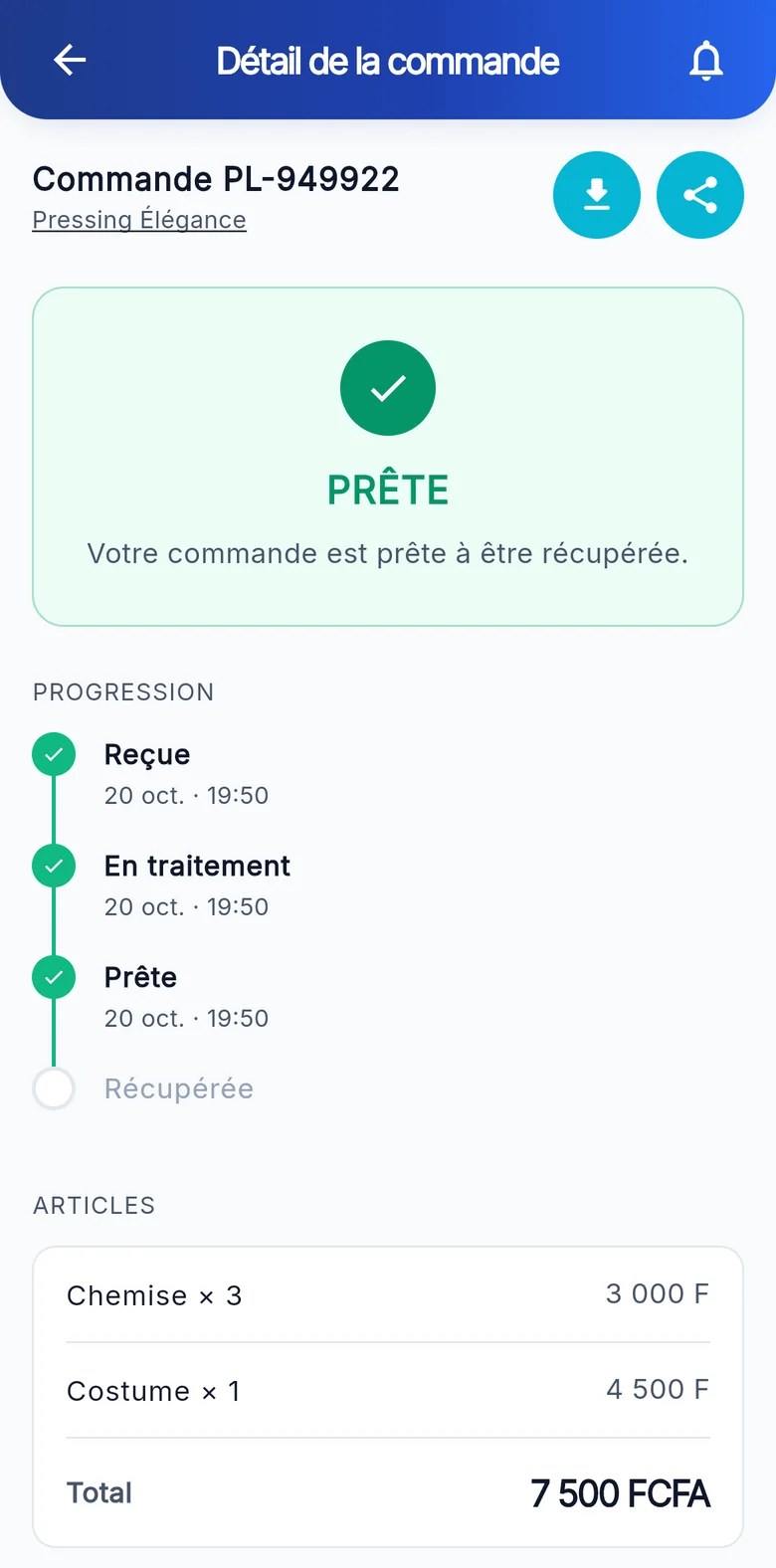 Détail d'une commande prête dans l'application PressLink