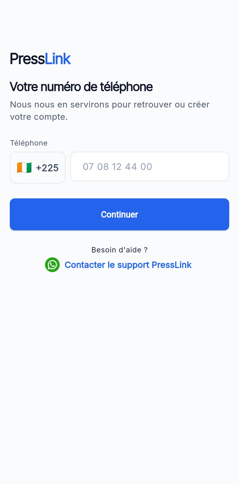 L'écran de connexion de PressLink ouvert dans le navigateur